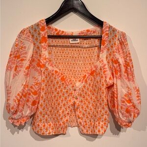 Orange, Pink and White Floral Puff-Sleeve Cotton Blouse